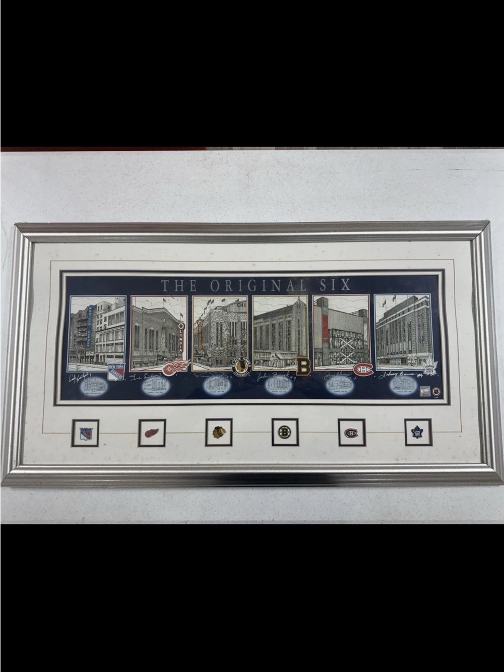 THE ORIGINAL SIX HOCKEY STADIUMS and AUTOGRAPHS Framed & Authenticated 36”x21”